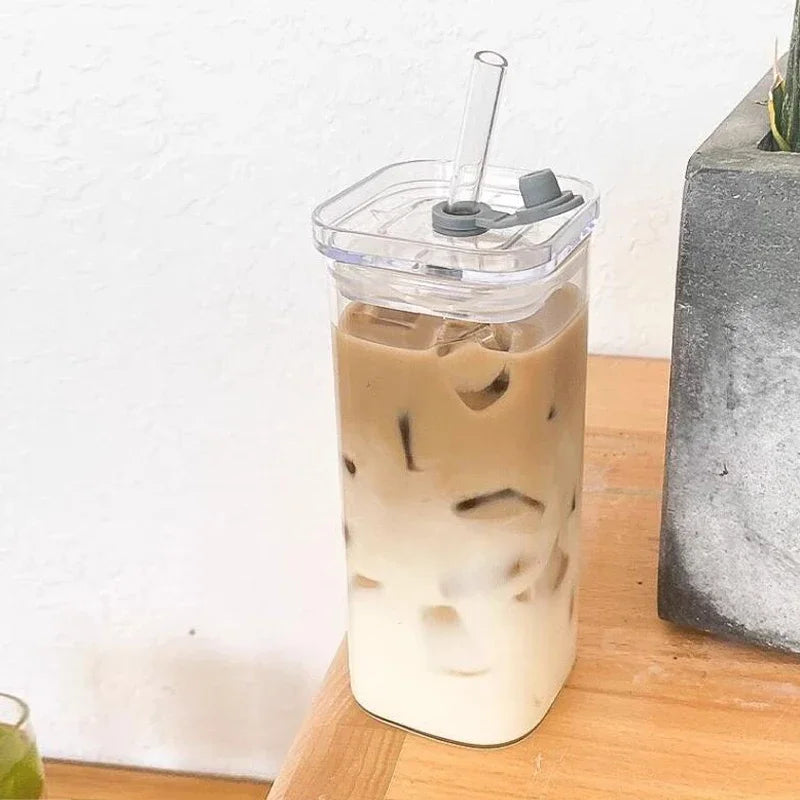 Square Heat Resistant Coffee Glass Cup With Lid and Straw Transparent Milk Tea Juice Cups Coffee Mug For Home Bar Drinkware