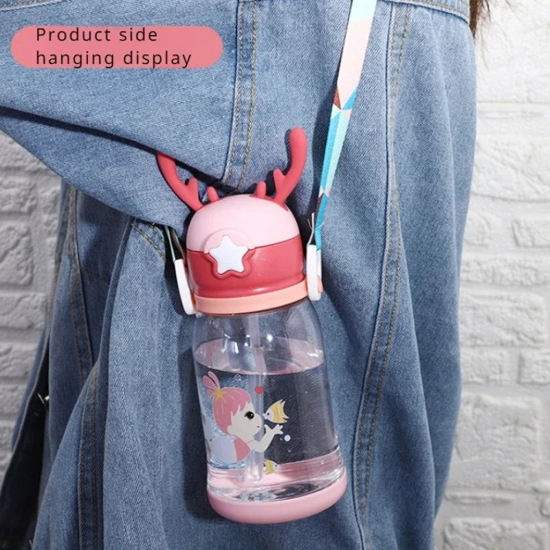 600ml Antler Sippy Cup Kawaii Water Bottle with Straw Portable Kids Leakproof Jug Outdoor Sports Bottles Children's Drinkware