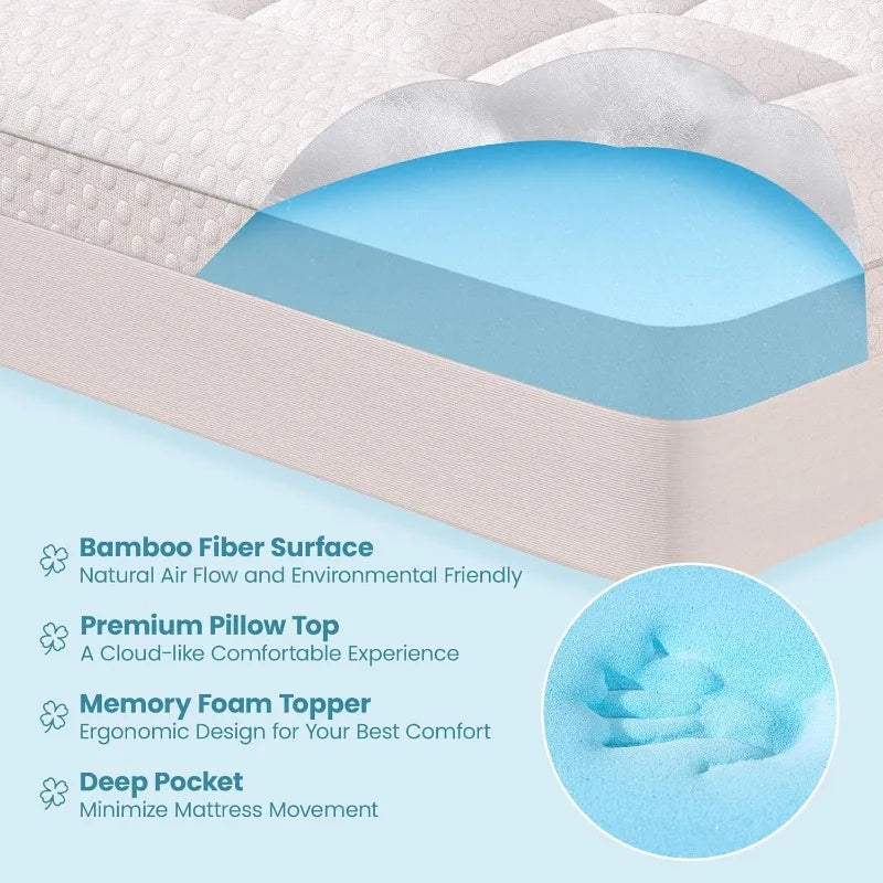 Pillow Top Mattress Topper, 3 Inch Dual Layer Mattress Topper, 2 Inch Gel Memory Foam and 1 Inch Cooling  Mattress Pad Cover